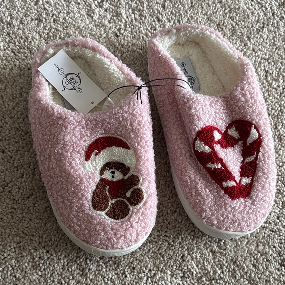 Pink Fuzzy Slippers with Bear and Candy Cane Design - Picture 1 of 1